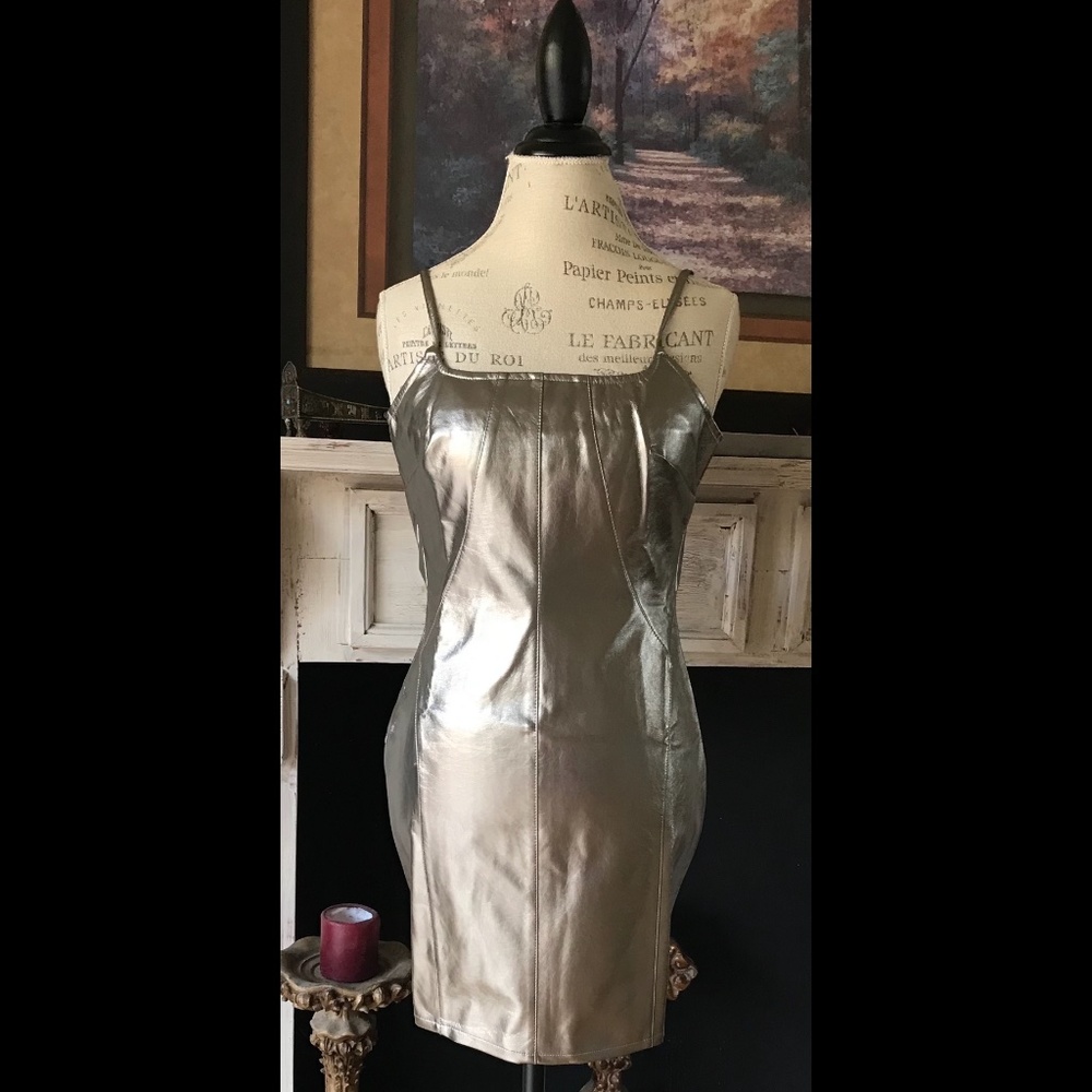 NASTY GAL NWTs Faux Leather/Vinyl Strappy Metallic Silver Mini Dress USA…